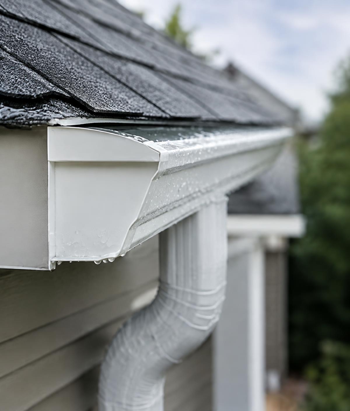 Close-up of a seamless gutter and downspout carrying rainwater (illustrative)