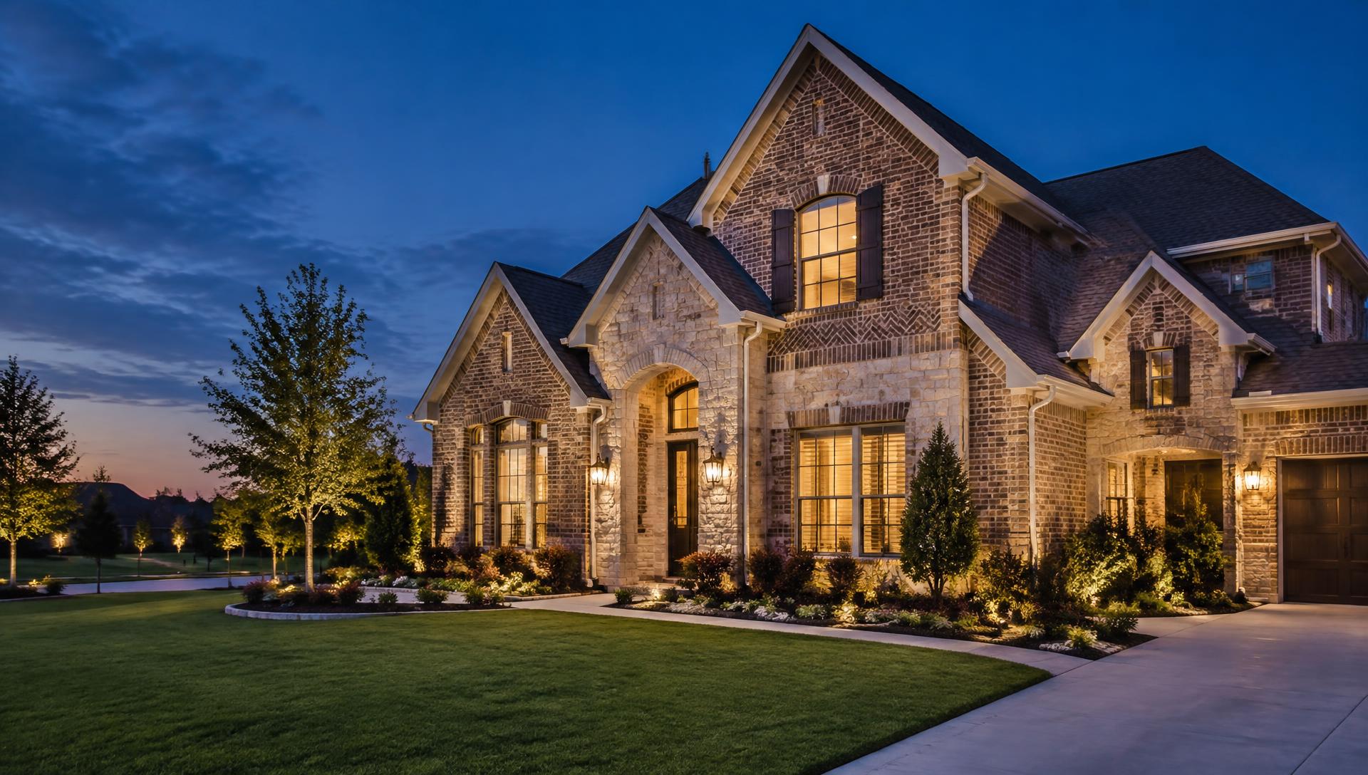 North Texas brick home at dusk with white seamless gutters along the roofline